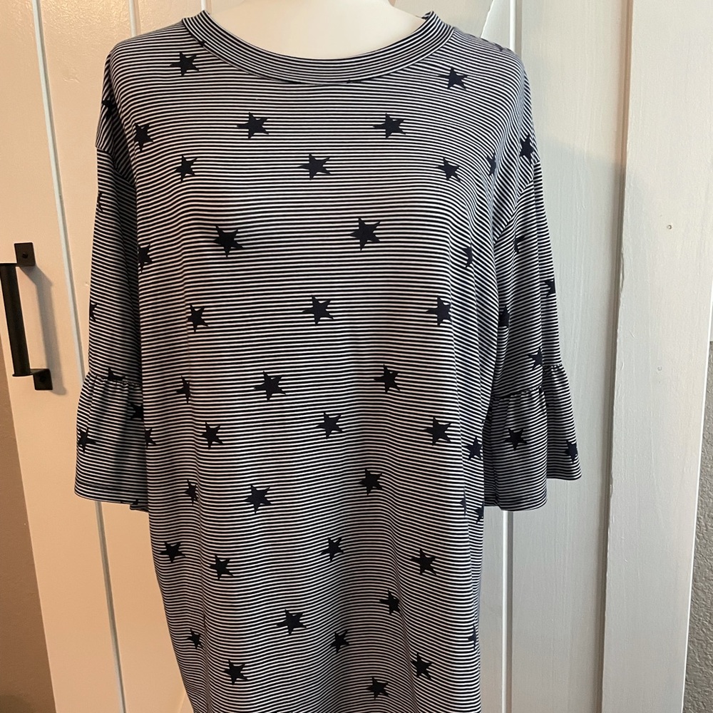 Navy and white striped with stars. Size 1X